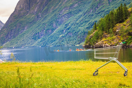 随机购物车推车在性质。挪威绿色背景风景。旅游，购买概念购物车手推车在性质