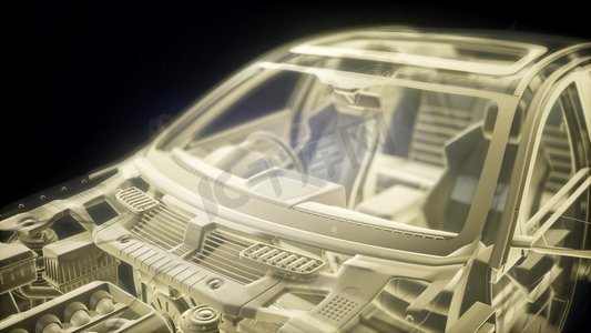 3d草图模型摄影照片_全息动画的3D线框汽车模型与发动机和水獭的技术部分。带发动机的3D线框汽车模型的全息动画