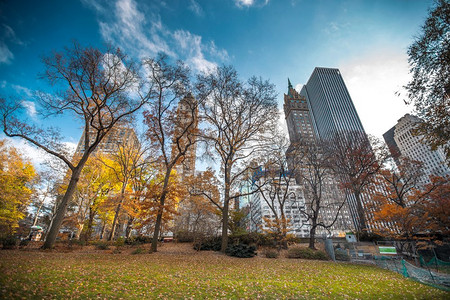 纽约市曼哈顿中央公园全景在秋天湖有摩天大楼和五颜六色的树与反射的秋天湖