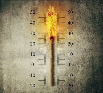 燃烧的火柴棒在刻度上指示温度作为温度计。全球变暖与气温上升概念
