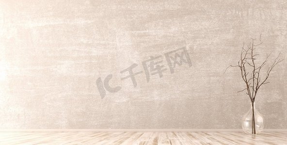 灰泥摄影照片_空的房间内部背景，米色灰泥墙壁和木地板，玻璃花瓶与分支3d渲染