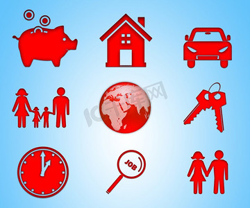 现代生活价值观的图标集。家庭、时间、家、金钱、财产概念