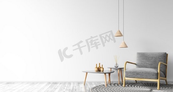客厅内部有咖啡桌，灯和灰色扶手椅在白色墙壁实体模型3d渲染