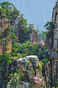 中国著名的旅游景点—张家界石柱悬崖山日落在武陵源，中国.中国张家界山脉