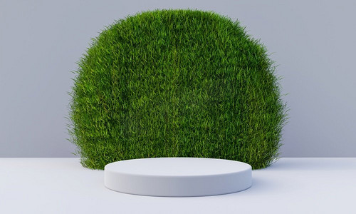 白色讲台，背景是长满草的圆板。客体与自然的概念。3D插图渲染