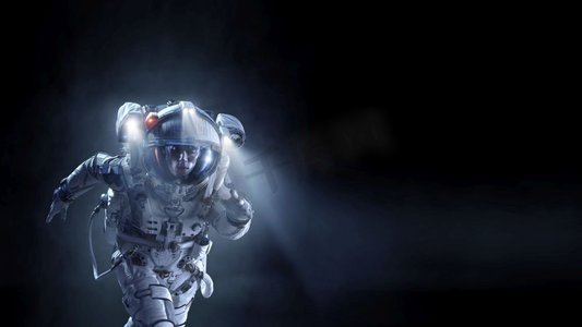 穿着宇航服的宇航员在行星表面运行。混合媒体。太空人跑得很快。混合媒体
