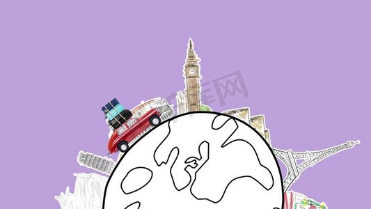 埃及卡通摄影照片_世界各地红色复古玩具车与旅行箱驾驶由著名的纪念碑在旋转卡通星球。4k循环动画开车旅行