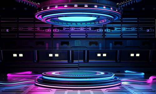 粉色飞船摄影照片_赛伯朋克科幻产品领奖台在飞船基地展示，背景为蓝色和粉色。技术和对象概念。3D插图渲染