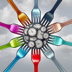 吃饭的时间和吃饭的时间美食的概念是一组叉子拿着一组时钟物体作为3D插图。