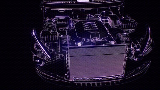 3d全息摄影照片_3D线框汽车模型的全息动画与引擎和水獭技术部件。带发动机的3D线框汽车模型的全息动画