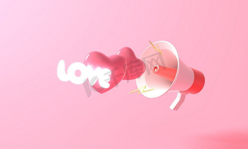 心粉摄影照片_3D渲染红白色扩音器在扬声器讲话粉红色背景为情人节最小我的爱发光轻心粉彩。图示