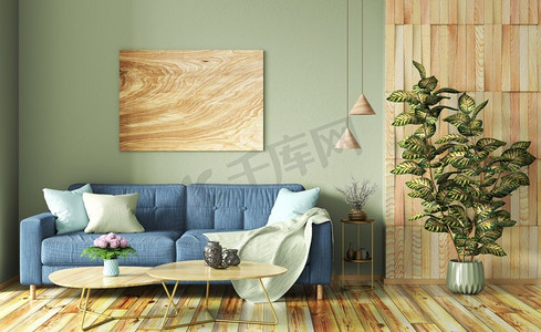 家具海报绿色摄影照片_现代公寓的室内设计，在当代客厅的蓝色沙发，在墙上的木海报和木镶板，家设计。3d渲染