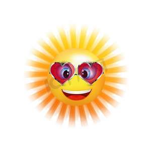 卡通微笑太阳摄影照片_卡通太阳微笑与趋势太阳镜在一个心的形状。阿提肯微笑。3d例证
