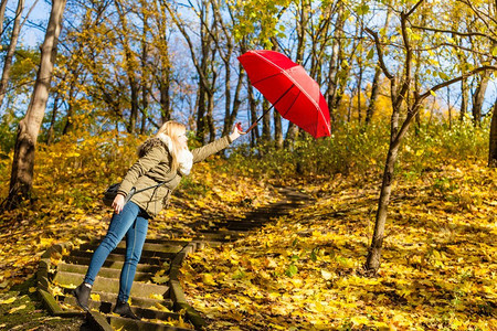 强风吹拂摄影照片_秋天的天气概念妇女走在公园拿着红伞与强风战斗。妇女走在公园与伞，强风