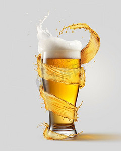 一杯冰啤酒和周围的飞溅孤立在灰色背景。一杯冰啤酒和飞溅的水花