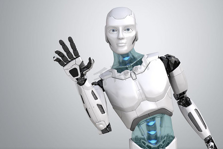 迎接机器人挥舞着他的手在一个浅灰色的背景。3D插图。迎接机器人挥手致意