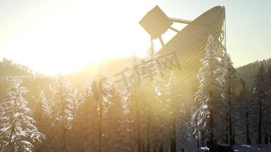 天文台射电望远镜在森林日落