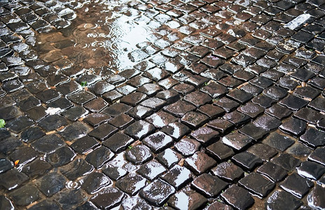 鹅卵石砖铺湿街道在罗马，意大利