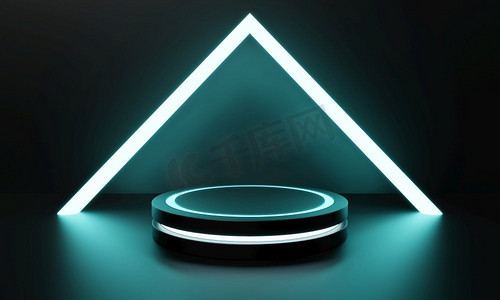 现代产品展示科幻领奖台，蓝绿发光霓虹灯为背景。技术和对象概念。3D插图渲染