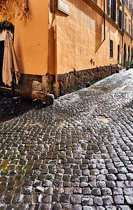 鹅卵石砖铺湿街在罗马 