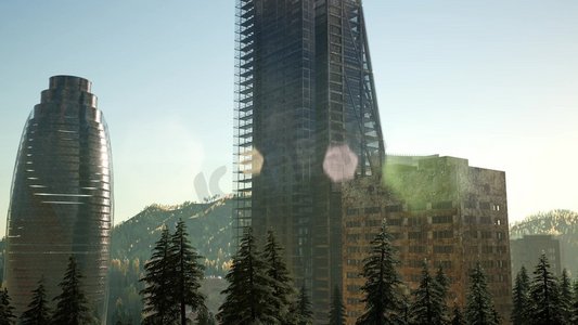 公园森林和日落时的摩天大楼