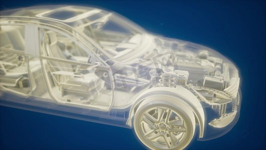 全息动画的3D线框汽车模型与发动机和水獭的技术部分。带发动机的3D线框汽车模型的全息动画