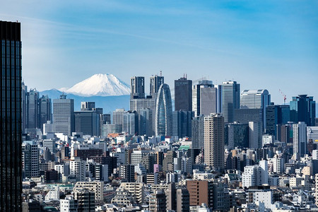 富士山与东京的天际线和东京新宿区的摩天大楼。取自东京文教中心观景台。