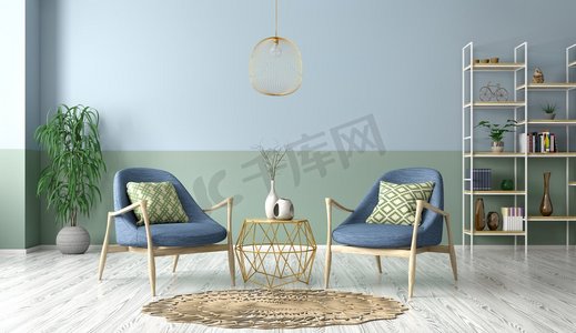 客厅的现代内部与扶手椅，咖啡桌3d渲染