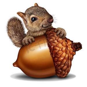 插图树摄影照片_有趣的松鼠拿着一个巨大的橡子树坚果作为财富或富有的隐喻的商业和财政储蓄在3D插图风格。