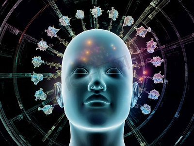 思想的能量系列人类的头部和抽象的分形结构组成，以说明人类的思想的运作。