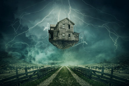 在一个暴风雨的日子里，一座鬼屋从地上飞在一条乡间小路上，天空中闪烁着闪电。