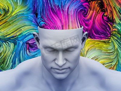思维动态摄影照片_色彩思维。为艺术、心理学、创造力、想象力和梦境等主题制作的带有色彩运动轨迹的人头3D插图。