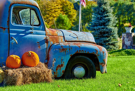 南瓜补丁。新鲜的南瓜在一个农场附近非常旧的卡车。美国康涅狄格州乡村景观