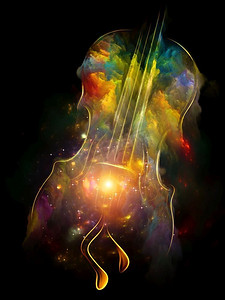 音乐线条摄影照片_以音乐、歌曲和表演艺术为主题的小提琴线条和彩色星云彩绘插图。小提琴之梦系列。