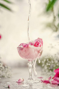 起泡葡萄酒倾倒与飞溅入一个宽的香槟杯与粉红色花瓣在轻桌子在散景背景。静物