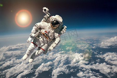 以地球为背景的外太空宇航员。美国国家航空航天局提供的这张图片的元素。