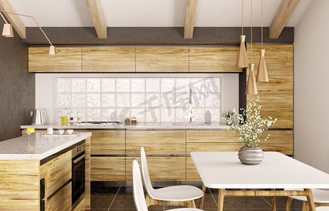 白色大理石台面摄影照片_木制厨房的现代室内设计与岛，白色大理石柜台，窗口，桌子和椅子3d渲染