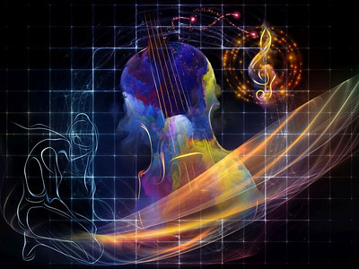 关于音乐和表演艺术的主题的膝状人物，超现实主义的小提琴和辐射状的高音谱号