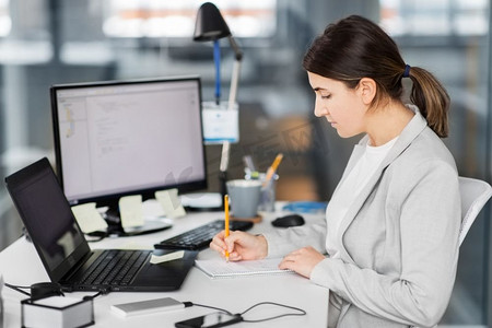 商业、技术和人的概念—女商人与笔记本电脑和计算机在办公室工作。女商人与笔记本工作在办公室