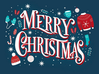 圣诞快乐手字母标志在深蓝色背景与假日象和星星。丰富多彩的节日插图