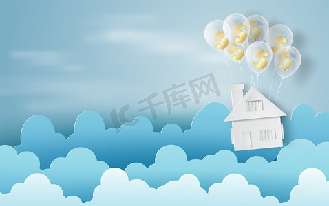 家矢量摄影照片_商业和家庭金融概念和想法上的美元符号气球的纸艺术，蓝天，云，向量
