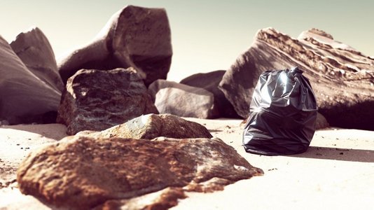 海滩上装满垃圾的黑色塑料垃圾袋