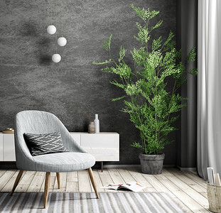 客厅内部与灰色扶手椅和白色内阁反对黑色灰泥墙，家设计3d渲染