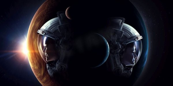 男孩和女孩宇航员在地球星球上的太空。这张照片由NASA提供。探索外太空。混合媒体