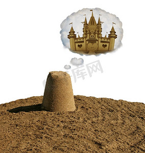 梦想大概念动机想法或业务发展作为一个小沙堆梦想成为一个沙城堡与3D插图元素。