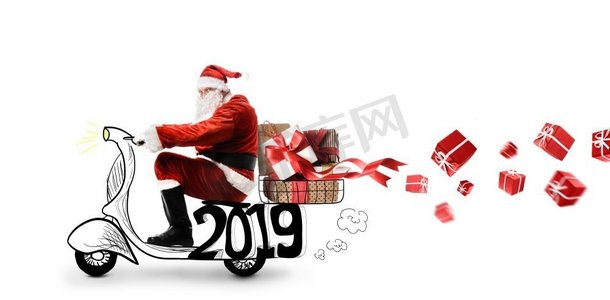 圣诞老人在摩托车交付圣诞节或新年2019礼物在白色背景圣诞老人在滑板车