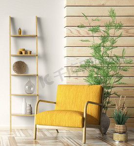 黄色的椅子摄影照片_与黄色扶手椅和梯子架子的当代内部在有木镶板的现代客厅，家设计3d渲染