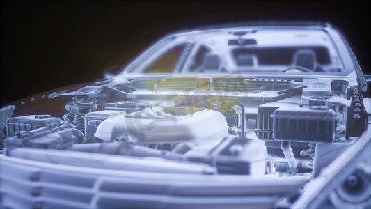 汽车线框摄影照片_3D线框汽车模型的全息动画与引擎和水獭技术部件。带发动机的3D线框汽车模型的全息动画