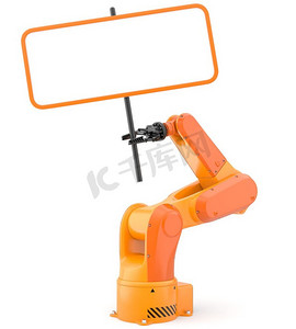 路虎车标志摄影照片_工业机器人手臂与空白标志。3D插图。带空白标志的工业机器人手臂
