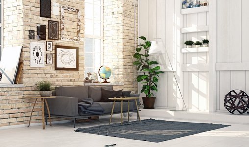 现代斯堪的纳维亚风格的客厅室内设计。3D插图概念